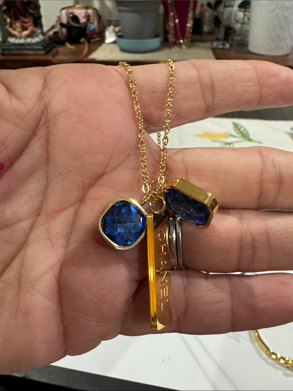 Gold-Tone Necklace with Deep Blue Crystal Charms